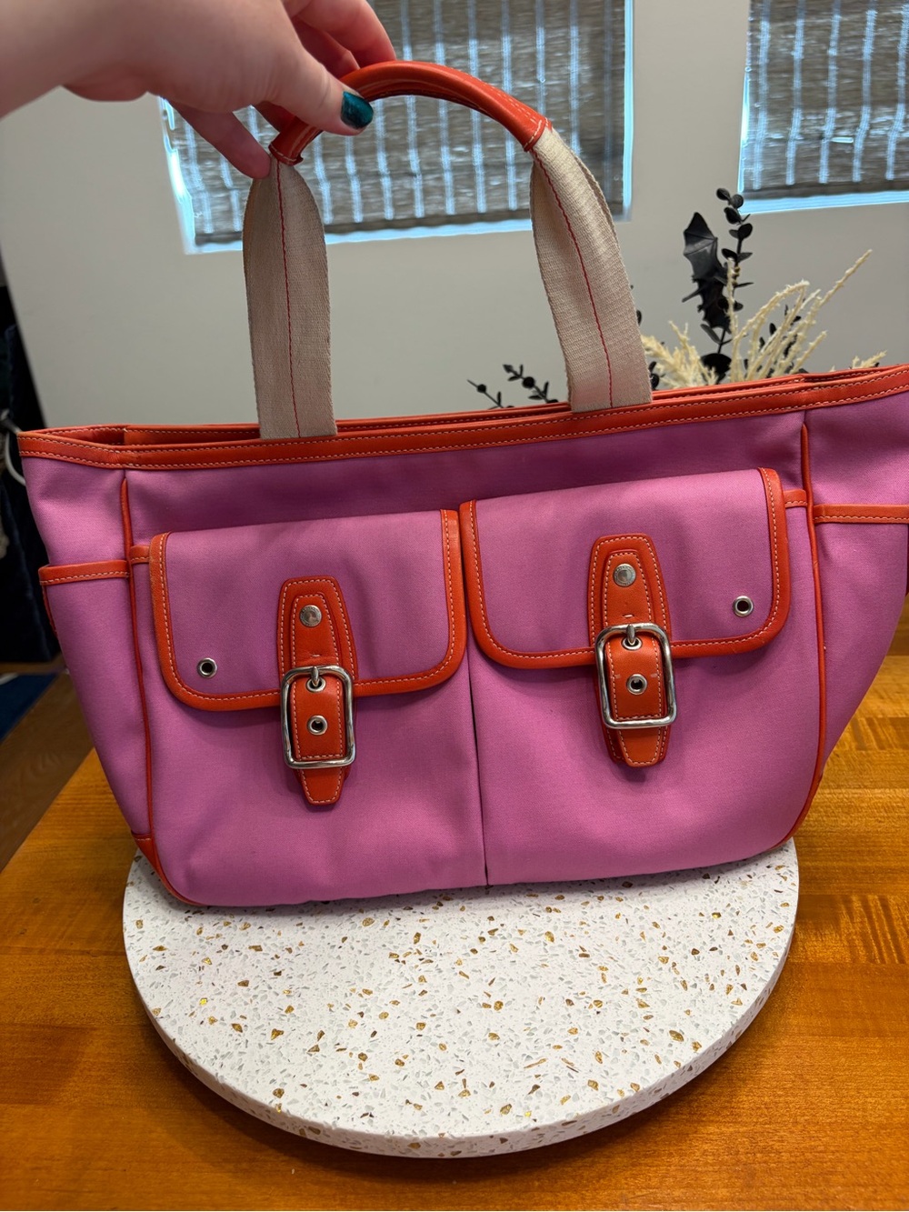 Coach Hampton Pink Canvas Tote- Creed 6734 with Orange Trim and Buckle Accents